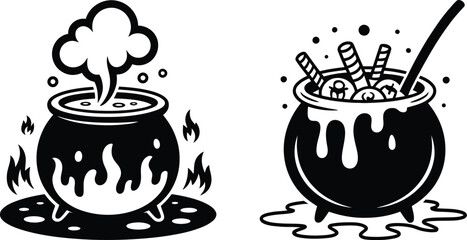 Two black and white vector illustrations depict Halloween cauldrons one bubbling with smoke and flames the other filled with eyeballs striped candy sticks and a