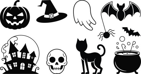 A collection of Halloween themed icons including a pumpkin witch hat ghost bat haunted house skull cat spider and cauldron all in black and white