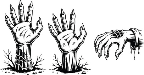 A Trio of Terrifying Zombie Hands Black and White Illustration of Undead Limbs Emerging from the Ground and Displaying Decay Perfect for Halloween Designs and