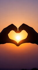 Fototapeta premium Sunset Love Heart-Shaped Hands Holding the Golden Hour, Casting a Warm and Romantic Glow, Perfect for Valentine's Day, Romance, or Love-Themed Backgrounds