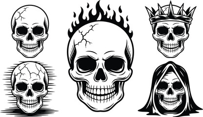 Monochrome Skull Collection Five Unique Designs Featuring Flames a Crown and a Hood Ideal for Tattoo Art Gothic Designs and Halloween Themes on a Clean