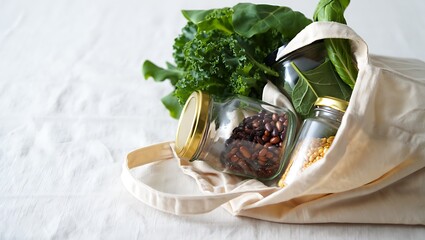 Reusable Bag with Healthy Groceries Beans, Kale, and Spinach