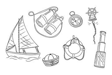 Hand drawn set of sailing elements including boat, binoculars, compass, and lifebuoy for nautical adventure. Represents exploration, freedom, and maritime travel concept
