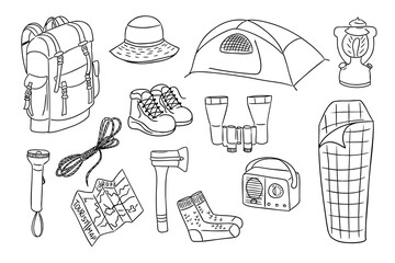 Hand drawn set of camping gear including backpack, tent, boots, and tools for outdoor adventure. Represents the concept of exploration, travel, and survival in nature