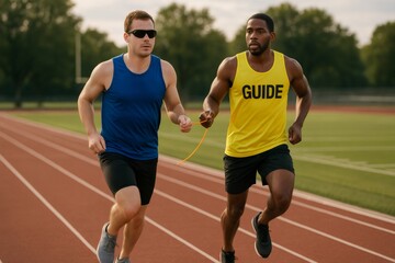 Two male athletes racing on a track, one guiding the other with a visual impairment, showcasing teamwork and determination in sports