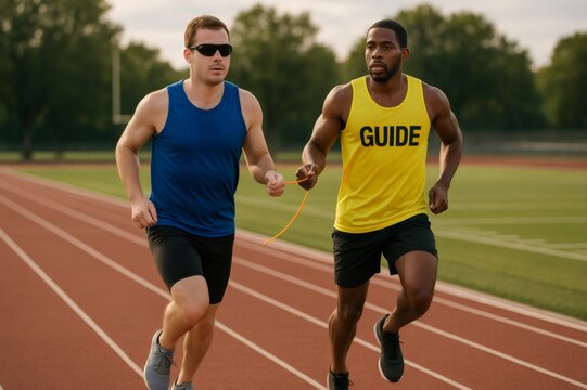 Two male athletes racing on a track, one guiding the other with a visual impairment, showcasing teamwork and determination in sports