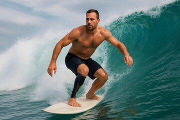 Young athletic man with prosthetic leg surfing ocean wave, showing resilience and overcoming adversity