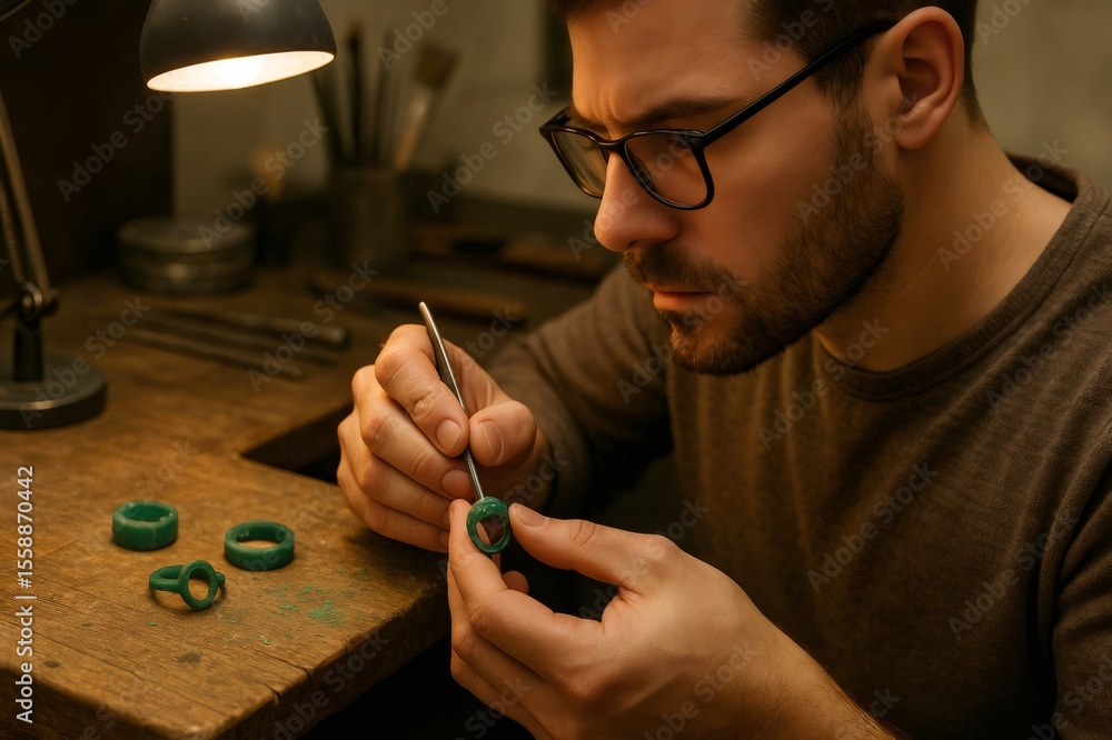 Poster jeweler refining a wax ring prototype with a small chisel at his workbench, illuminated by a lamp