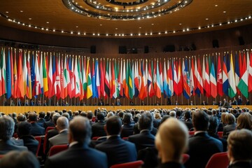 International conference gathering representatives in a grand hall decorated with national flags and a diverse audience