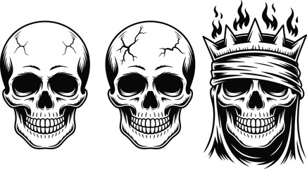 Three Skull Illustrations Two Cracked Skulls and One Skull Wearing a Crown with Flames All Rendered in Black and White with Intricate Line Work on