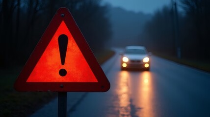 Red Warning Sign with Exclamation Mark on Wet Road at Night Indicating Accident Risk