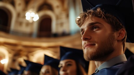 Fototapeta premium Graduate wearing cap and gown during ceremony in historic building, focusing on proud expressions and elegant architecture