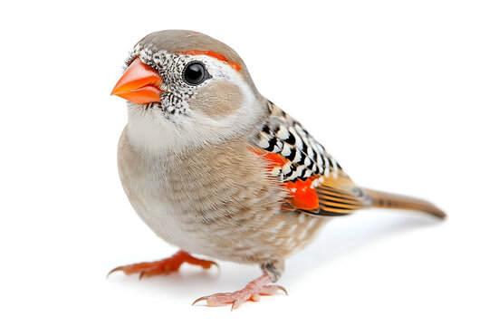Adorable zebra finch displays charming plumage with orange beak and delicate feathers, standing against a pure white backdrop in a studio shot.