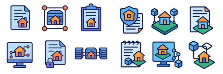 Icons representing real estate processes, including document management and property protection, in a digital format
