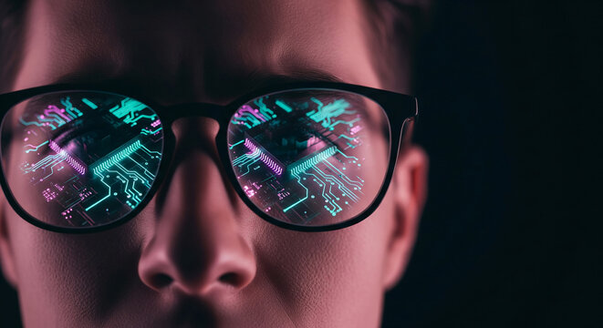 Close-up of face reflecting circuit board in glasses, showcasing technological integration and vision, symbolizing innovation, future, and digital world