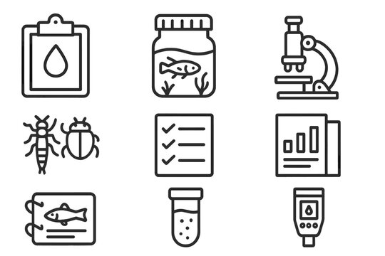 Illustrations of laboratory tools and specimens used in aquatic biology research