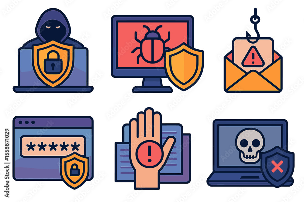 Poster digital security threats with hacker, malware, phishing, and protective measures displayed in a mode