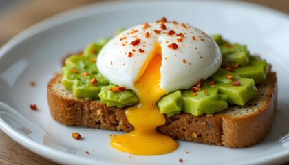 Avocado Toast with Poached Egg and Chili Flakes.


