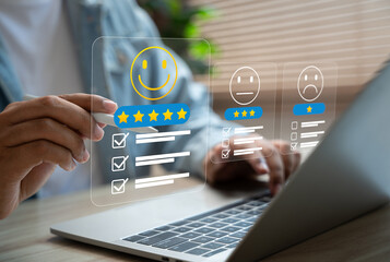 Customer service, Review,Man using laptop to give five-star rating,Happy smiley face,Client satisfaction, Positive feedback, Digital service evaluation.Online reputation,User experience improvement.