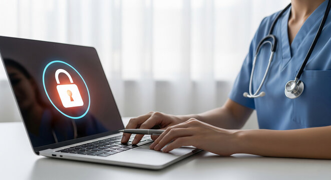 Doctor's hands using laptop displaying a digital lock icon, symbolizing online medical data security and patient privacy
