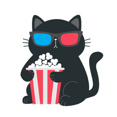 Black cat holding popcorn box. Pop corn. 3d glasses. Kitten watching movie. Cute cartoon funny character. Cinema theater. Film show. Childish style. White background. Flat design. Vector illustration