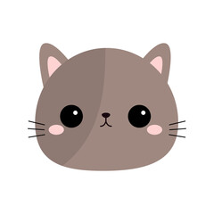 Cute gray cat face head round icon. Kawaii kitten, kitty. Cartoon funny baby character. Sad emotion. Sticker print. Flat design. White background. Isolated. Vector illustration