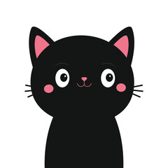 Cat face silhouette. Eyes, little nose, pink ears. Cute cartoon baby pet character. Black peeking kitten head. Kawaii funny animal. Greeting card. Sticker print. Flat design. White background. Vector