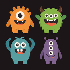 Monster set. Happy Halloween. Funny cartoon kawaii baby character. Smiling face. Cute colorful monsters silhouette icon. Horns, teeth, eyes, hands. Flat design. Childish style. Black background Vector