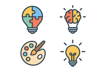 Creative ideas represented through light bulbs and symbols of innovation in a colorful design