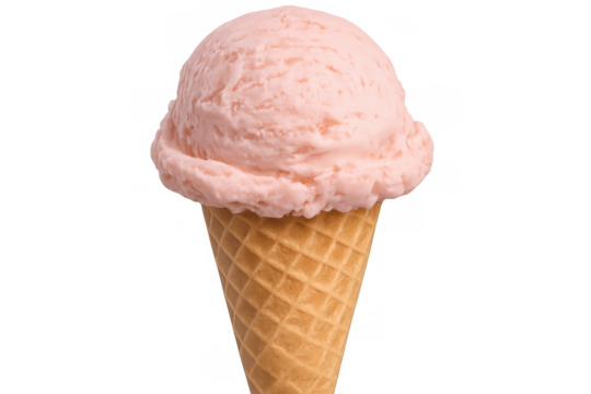 Pink ice cream scoop balancing on crispy waffle cone, soft pastel hue against transparent background, ideal for summer dessert presentation and graphic design