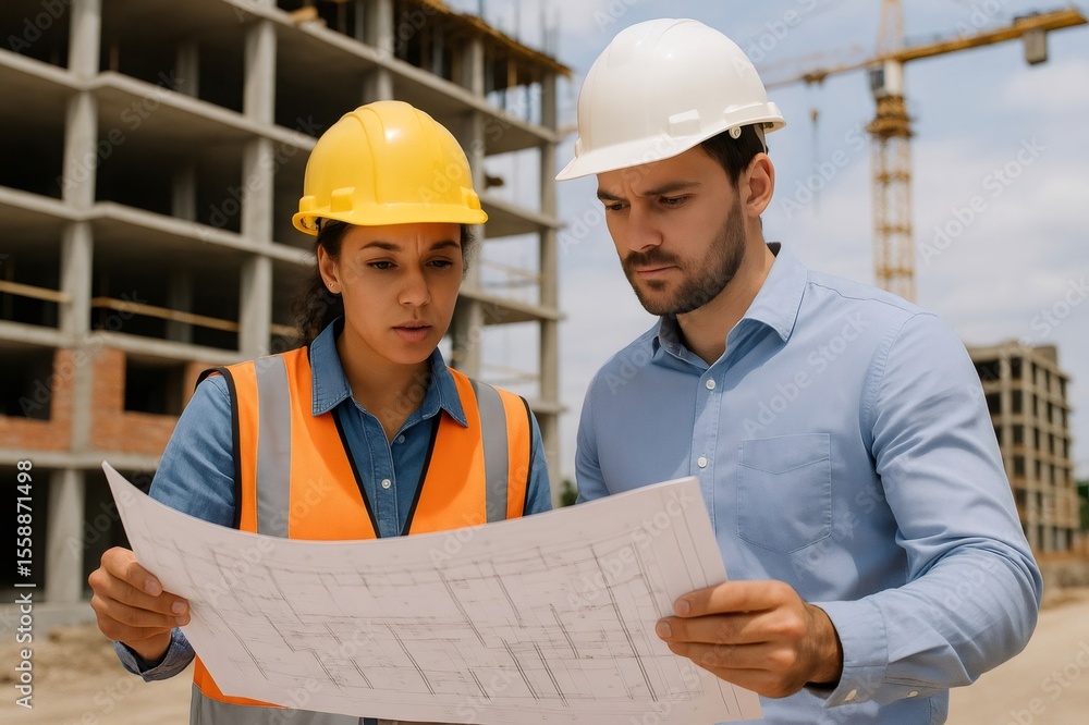 Aufkleber two engineers reviewing blueprints on a construction site with building and crane in background