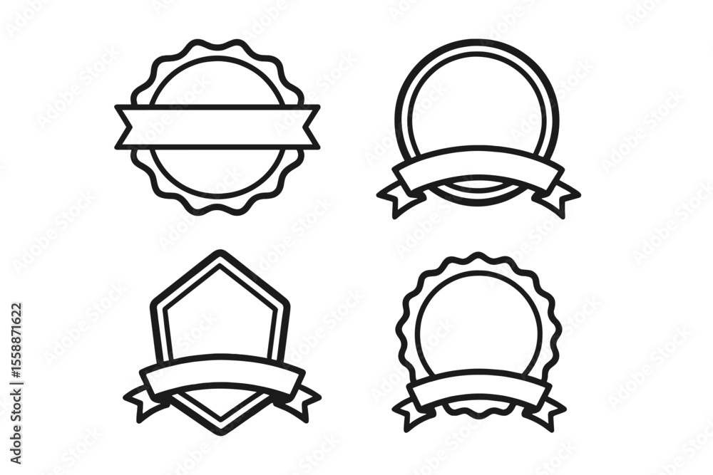 Poster set of four distinct badge designs featuring circular and shield shapes with blank banners for custo