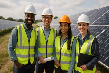 Four engineers wearing safety helmets and vests are smiling in front of solar panels in a solar power station