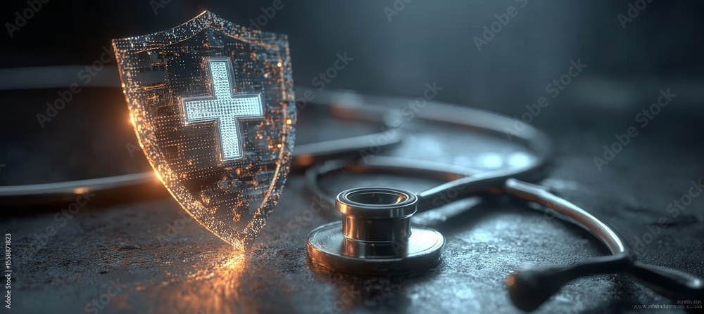 Poster digital security shield with stethoscope symbolizing data protection in modern healthcare systems