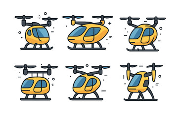 Helicopter illustrations showing various angles and styles of a yellow aircraft in a simple, modern design