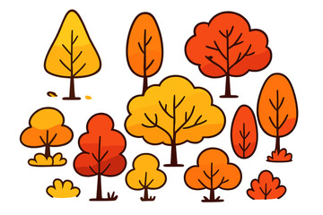 Colorful autumn trees display various shapes and shades in a vibrant forest landscape