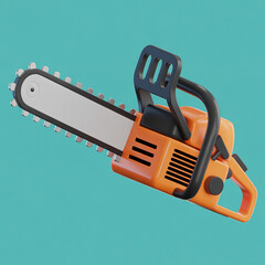 3D render of an orange and black chainsaw with a silver blade, isolated on a turquoise background, highlighting its sharp teeth and sturdy handle.  AI Generated.
