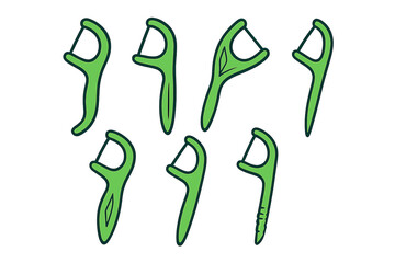 Collection of green dental flossers arranged in various positions for effective oral hygiene