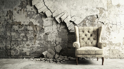 A vintage armchair with a cracked wall in the background. The chair has a buttoned upholstery and a wooden frame.