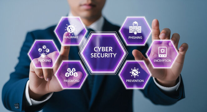 Businessperson interacts with a digital interface showcasing cybersecurity concepts: malware, phishing, hacking, encryption, password, prevention.  Represents digital security, data protection
