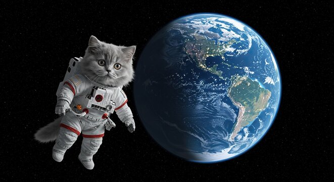 A small gray cat in an astronaut suit floats in space near earth.