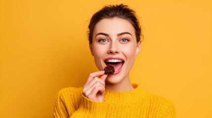 Amazing taste. Happy delighted woman smiling while wanting to eat delicious chocolate 