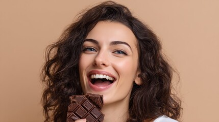 Amazing taste. Happy delighted woman smiling while wanting to eat delicious chocolate 
