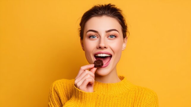 Amazing taste. Happy delighted woman smiling while wanting to eat delicious chocolate 