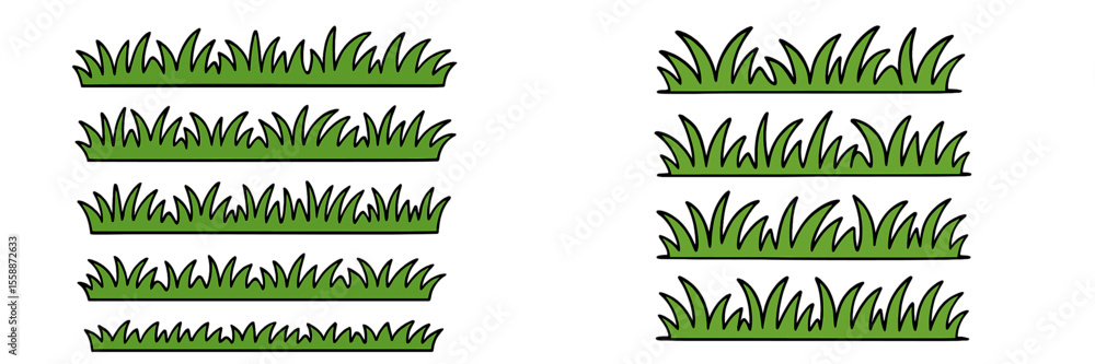 Poster collection of simple grass illustrations arranged in parallel rows for design and educational purpos