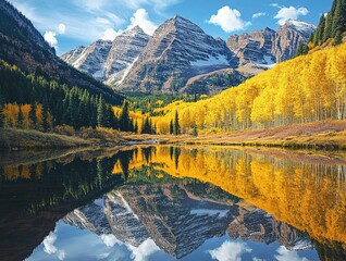 Colorado Maroon Bells twin peaks: golden aspen reflection, still water mirror