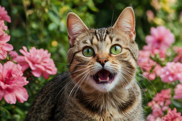 Tabby cat with green eyes and pink flowers floral background outdoor