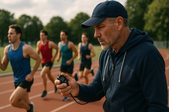 Focused coach timing athletes with a stopwatch, monitoring their speed and performance during intense track and field training sessions - Powered by Adobe