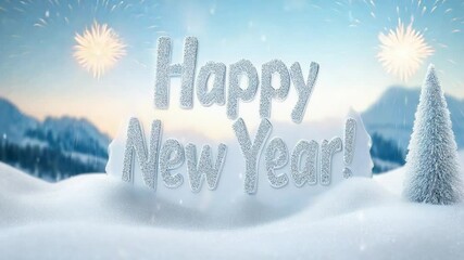 Festive new year celebration in snowy landscape with fireworks and frosty trees