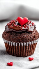 Chocolate muffin decorated with heart for Valentine's day holiday on a white isolated background. toning 